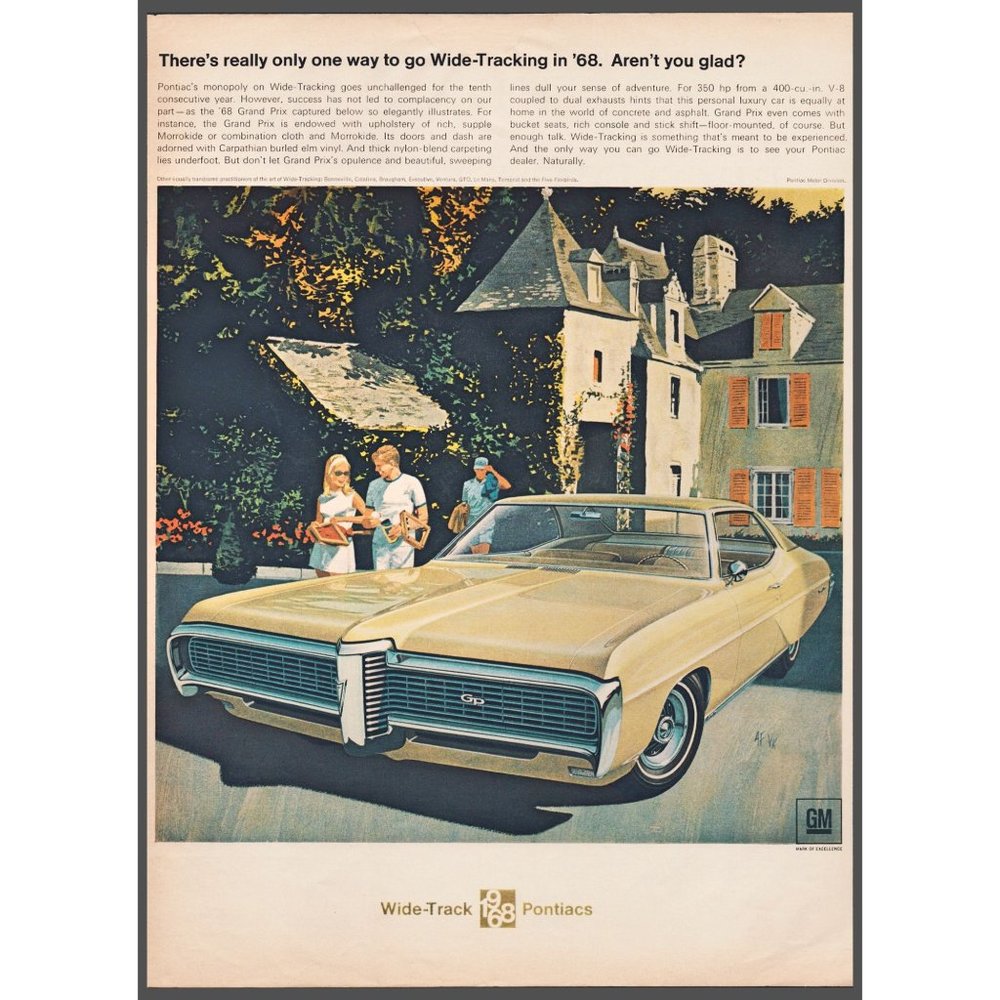 1968 Pontiac Grand Prix Wide Track Yellow Gold Coupe Vintage Print Ad Wall Art
